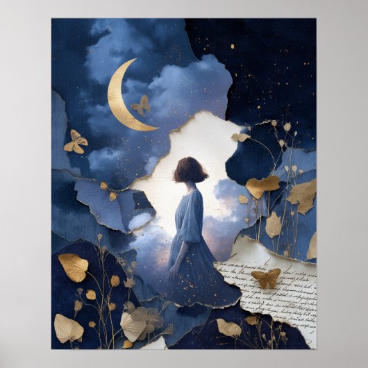 Navy Blue Gold Fantasy Night Sky Wall Art Print (Voorkant)
