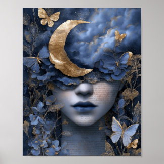 Navy Blue Gold Fantasy Surreal Moon Woman Wall Art Poster