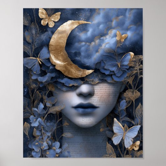 Navy Blue Gold Fantasy Surreal Moon Woman Wall Art Poster (Voorkant)