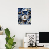 Navy Blue Gold Fantasy Surreal Moon Woman Wall Art Poster (Thuiskantoor)