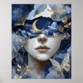 Navy Blue Gold Fantasy Surreal Moon Woman Wall Art Poster (Voorkant)