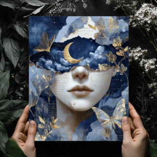 Navy Blue Gold Fantasy Surreal Moon Woman Wall Art Poster