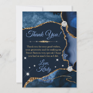 Navy Blue & Gold Faux Glitter Agate Sweet 16 Bedankkaart