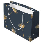 Navy Blue Gold Faux Glitter Paardebloem Bloemen Groot Cadeauzakje (Achterkant Gekanteld)
