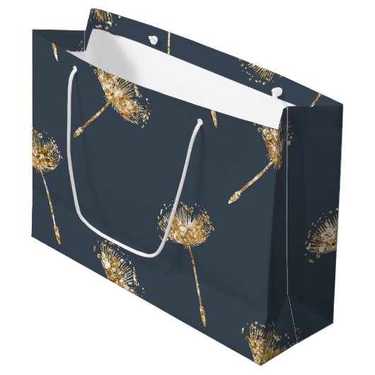 Navy Blue Gold Faux Glitter Paardebloem Bloemen Groot Cadeauzakje (Voorkant Gekanteld)