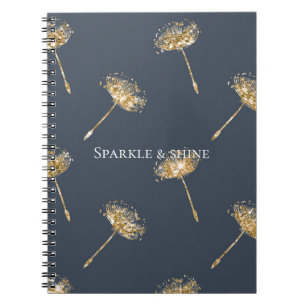 Navy Blue Gold Faux Glitter Paardebloem Bloemen Notitieboek