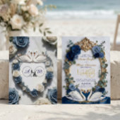 Navy Blue & Gold Faux Glitz Floral Formal Wedding Kaart