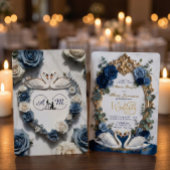 Navy Blue & Gold Faux Glitz Floral Formal Wedding Kaart