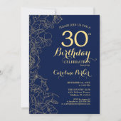 Navy Blue Gold Floral 30th Birthday Party Kaart (Voorkant)