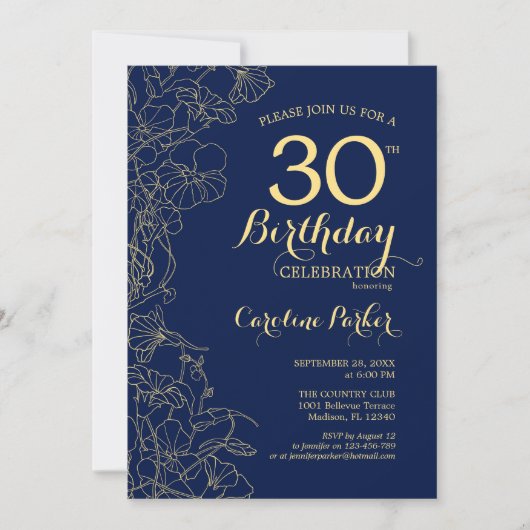 Navy Blue Gold Floral 30th Birthday Party Kaart (Voorkant)