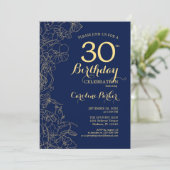 Navy Blue Gold Floral 30th Birthday Party Kaart (Staand voorkant)