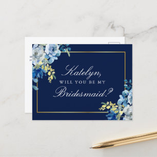 Navy Blue Gold Floral... ben je mijn Bridesmaid in Briefkaart