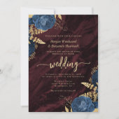 Navy Blue Gold Floral Burgundy QR Code Wedding Kaart (Voorkant)