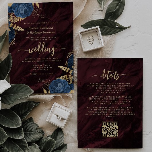 Navy Blue Gold Floral Burgundy QR Code Wedding Kaart