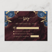 Navy Blue Gold Floral Burgundy Script Wedding RSVP Informatiekaartje (Voorkant)