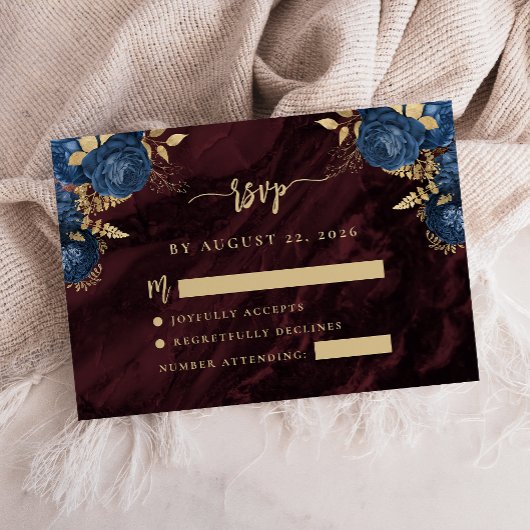 Navy Blue Gold Floral Burgundy Script Wedding RSVP Informatiekaartje