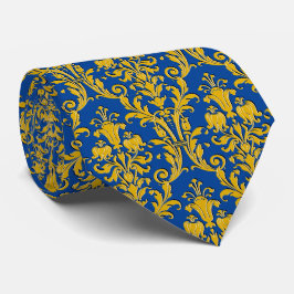 Navy Blue Gold Floral Damask Stropdas