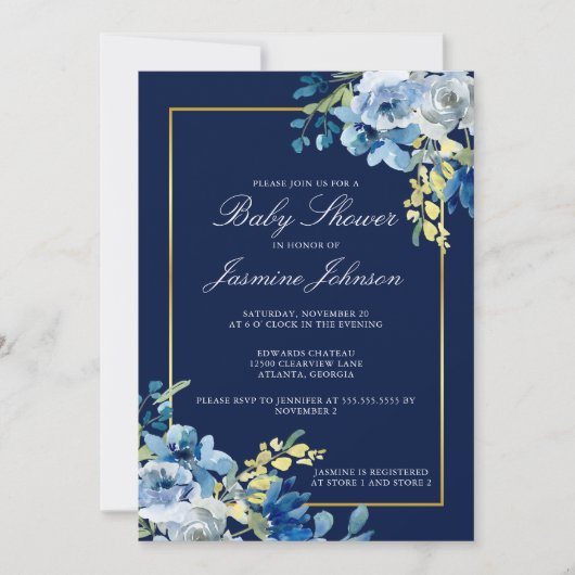 Navy Blue Gold Floral Elegant Baby shower Kaart (Voorkant)