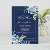 Navy Blue Gold Floral Elegant Baby shower Kaart (Staand voorkant)