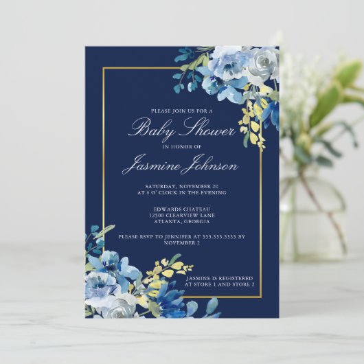 Navy Blue Gold Floral Elegant Baby shower Kaart (Staand voorkant)