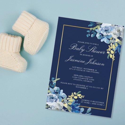 Navy Blue Gold Floral Elegant Baby shower Kaart