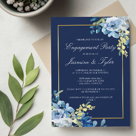Navy Blue Gold Floral Elegant Engagement Party Kaart