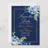 Navy Blue Gold Floral Elegant Evening Save The Date (Voorkant)