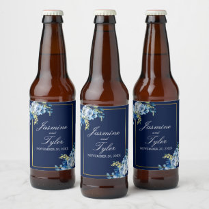 Navy Blue Gold Floral Elegant Evening Wedding Bier Etiket