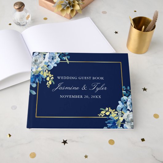 Navy Blue Gold Floral Elegant Evening Wedding Gastenboek (Voorkant open)