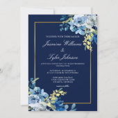 Navy Blue Gold Floral Elegant Evening Wedding Kaart (Voorkant)