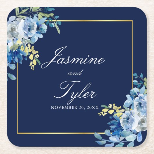 Navy Blue Gold Floral Elegant Evening Wedding Kartonnen Onderzetters (Voorkant)