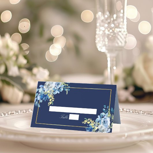 Navy Blue Gold Floral Elegant Evening Wedding Plaatskaartje