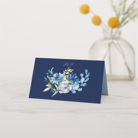 Navy Blue Gold Floral Elegant Evening Wedding Plaatskaartje (Achterkant)