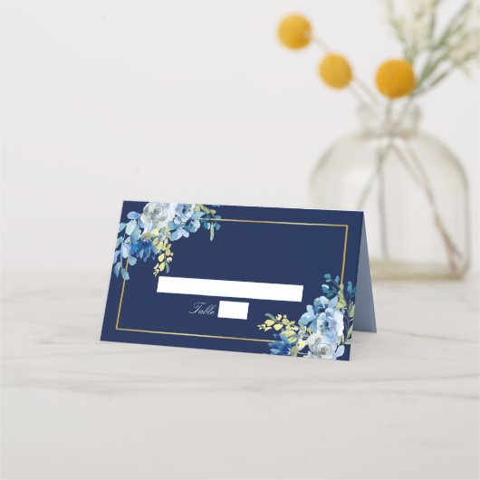 Navy Blue Gold Floral Elegant Evening Wedding Plaatskaartje (Voorkant)