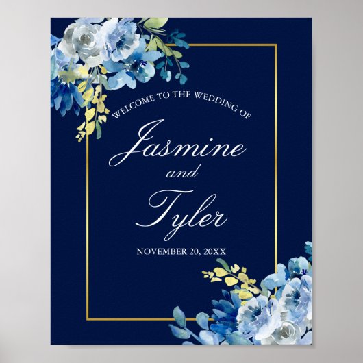 Navy Blue Gold Floral Elegant Evening Wedding Poster (Voorkant)