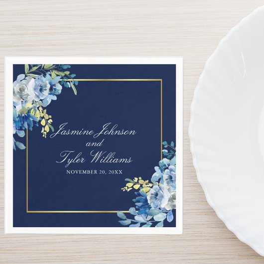 Navy Blue Gold Floral Elegant Evening Wedding Servet