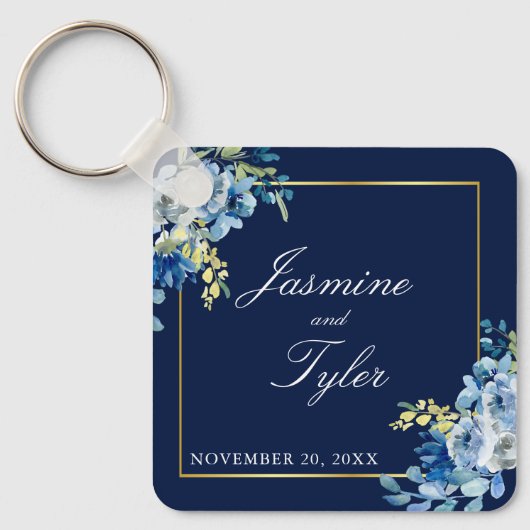 Navy Blue Gold Floral Elegant Evening Wedding Sleutelhanger (Voorkant)