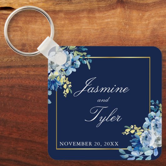 Navy Blue Gold Floral Elegant Evening Wedding Sleutelhanger (Voorkant)