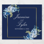 Navy Blue Gold Floral Elegant Evening Wedding Sparkling Wijnetiket (Enkel label)