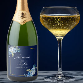 Navy Blue Gold Floral Elegant Evening Wedding Sparkling Wijnetiket