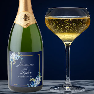 Navy Blue Gold Floral Elegant Evening Wedding Sparkling Wijnetiket