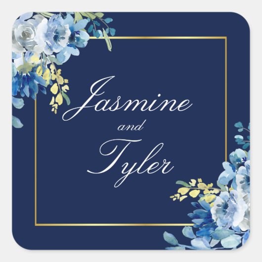 Navy Blue Gold Floral Elegant Evening Wedding Vierkante Sticker (Voorkant)