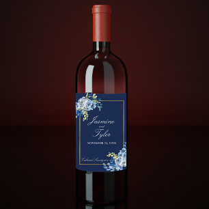 Navy Blue Gold Floral Elegant Evening Wedding Wijn Etiket