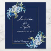 Navy Blue Gold Floral Elegant Evening Wedding Wijn Etiket (Enkel label)