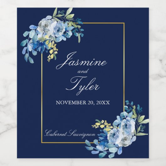 Navy Blue Gold Floral Elegant Evening Wedding Wijn Etiket (Enkel label)