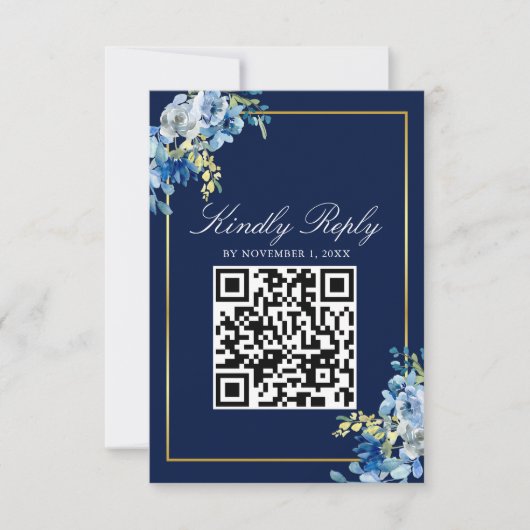 Navy Blue Gold Floral Elegant Qr Code Weddenschap RSVP Kaartje (Voorkant)