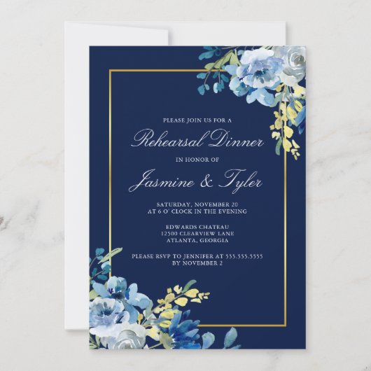 Navy Blue Gold Floral Elegant Rehearsal Dinner Kaart (Voorkant)