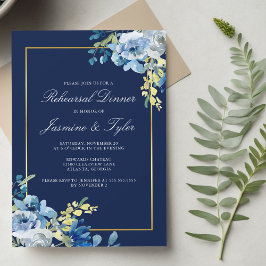 Navy Blue Gold Floral Elegant Rehearsal Dinner Kaart
