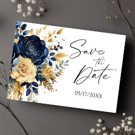 Navy Blue Gold Floral Elegant Save the Date Aankondigingskaart