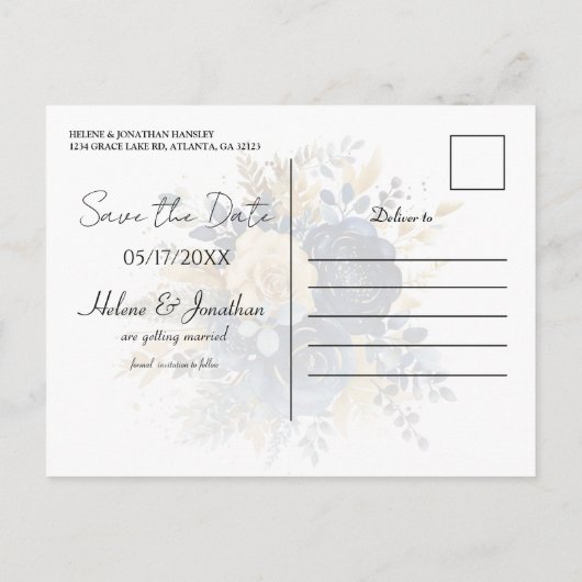Navy Blue Gold Floral Elegant Save the Date Aankondigingskaart (Achterkant)
